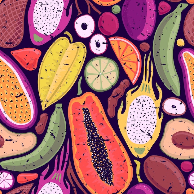 Vector dark lilac vector seamless retro background with bright multicolored tropical fruits in pop art style