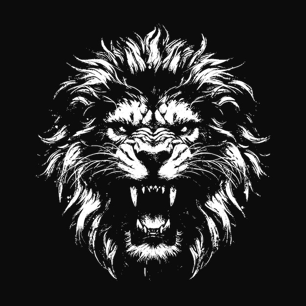 Темный Король Зверя Лев Животные Клыки Искусство Татуировки Гранж Винтажная иллюстрация