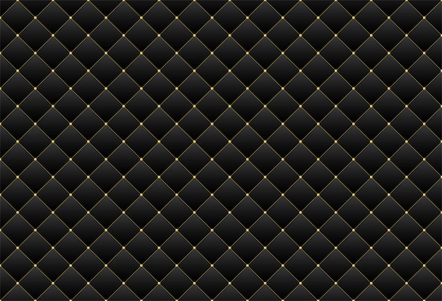 Dark luxury pattern with golden beads and border. Black upholstery leather texture vip background.