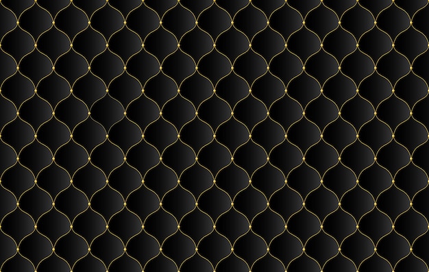 Dark luxury upholstery leather texture vector background. Quilted pattern with gold border and beads