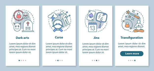 線形の概念を持つダークマジックオンボーディングモバイルアプリページ画面。変容、呪い、ジンクスのチュートリアルステップのグラフィックの説明。 Witchcraft UX、UI、イラスト付きGUIベクトルテンプレート
