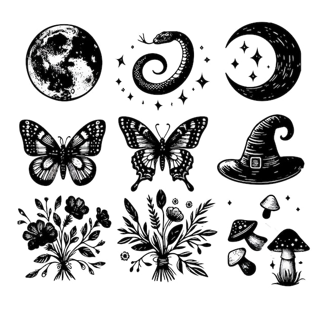 Dark Magic set with mystic butterflies snake flowers bouquets and star and muchrooms Black s white