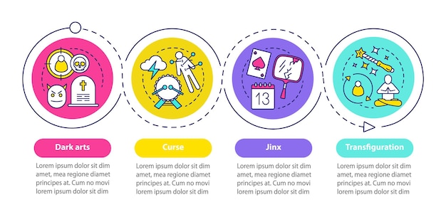 dark magic vector infographic template. witchcraft business presentation design elements. data visualization with four steps and options. process timeline chart. workflow layout with linear icons