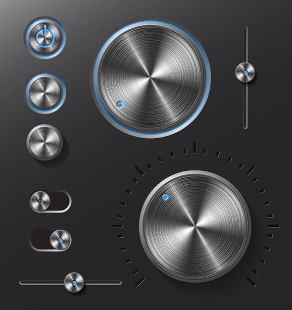 Dark metal buttons and dials set.