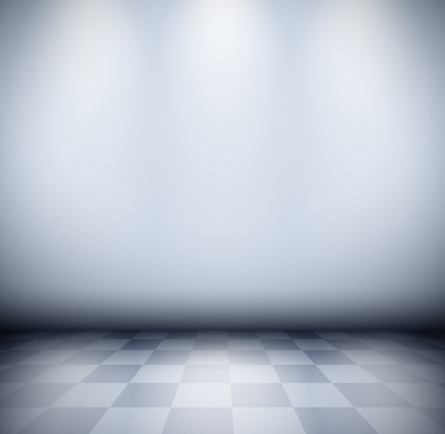 Dark misty room with checkered floor and wall background