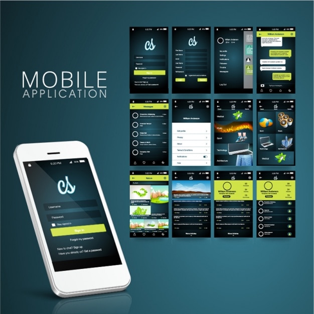 Scuro app mobile con dettagli in verde