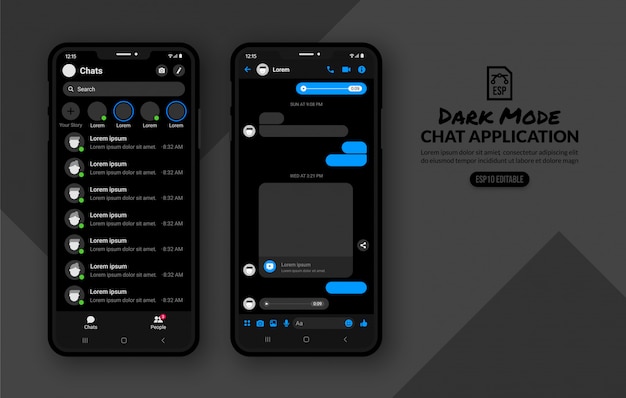 Dark mode of mobile chat appliaction, messenger template for social media post