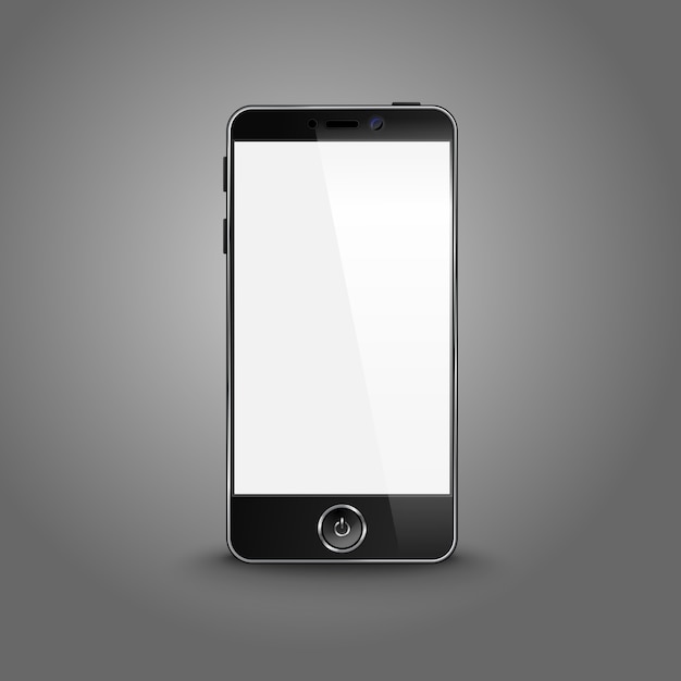 Dark modern smart phone with black screen isolated on grey with place for your design and branding.