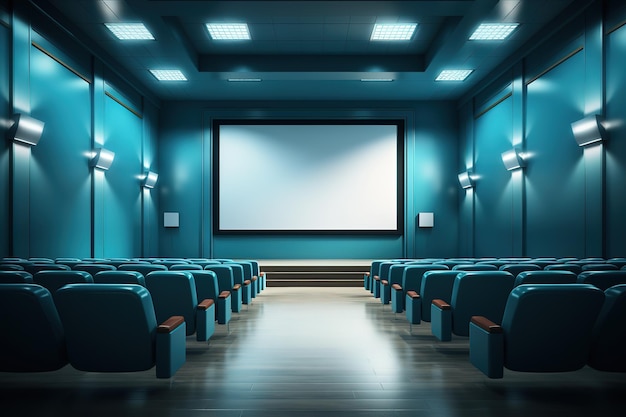 Interni scuri del cinema con schermo e sedie