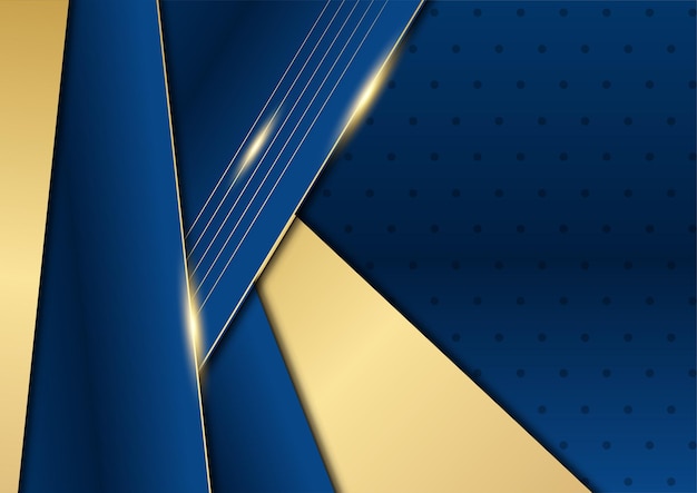 Vector dark navy blue and gold curve shapes on background with glowing golden striped lines and glitter. luxury and elegant. abstract template design. design for presentation, banner, cover.