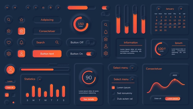 Dark neumorphic user interface elements with neon buttons and bars. Black neumorphism style dashboard design, mobile app ui kit vector set