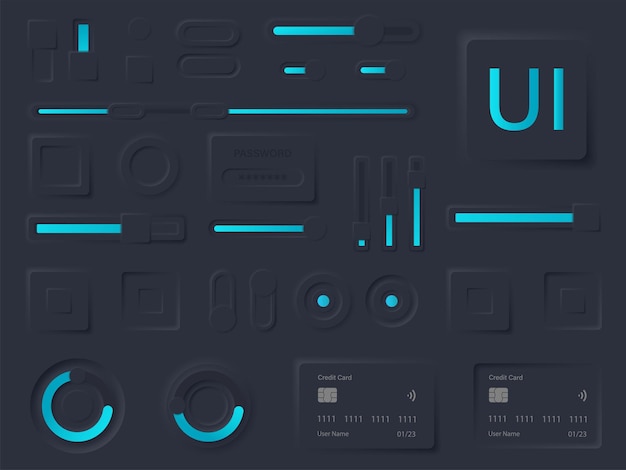 Dark neumorphism user interface design kit. neumorphism ui ux icons set. user interface elements for apps. neumorphic buttons collection. vector graphic. eps 10