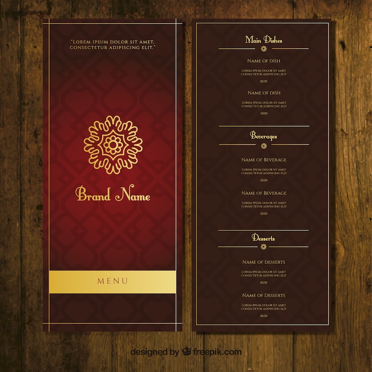 Vector dark ornamental menu template with golden ornament