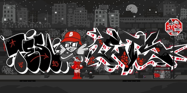 Vector dark outdoor urban graffiti wall with drawings at night against the background of the cityscape vector illustration art