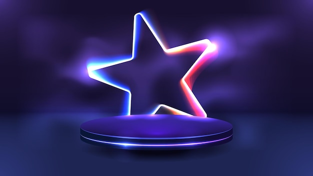 Vector a dark podium for advertising a product with a neon star on the background