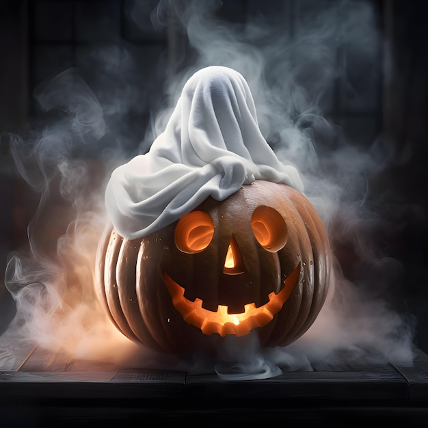 Zucca scura con fumo di asciugamano sullo sfondo vaporizza un'immagine di halloween