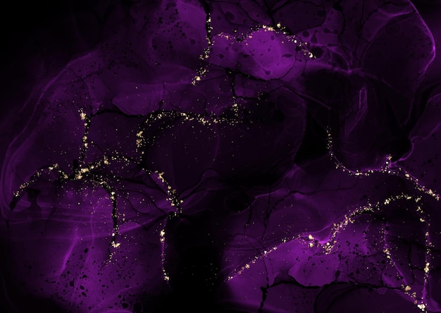 ゴールドのキラキラ要素と濃い紫のアルコールインクの背景