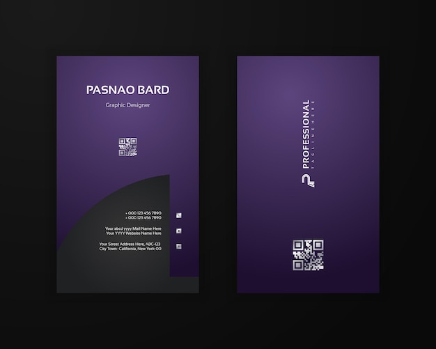 Dark Purple and Black color Vector modern elegant vertical business card editable template