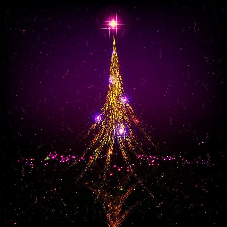 Vector dark purple christmas card with shiny golden christmas tree