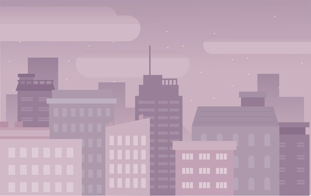 Dark purple city background. You can see tall buildings and apartments.