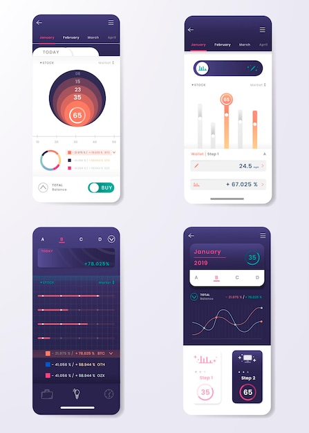 Vettore vettore di progettazione del modello di infografica di trading di azioni viola scuro