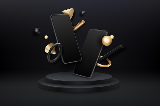 Vector dark realistic smartphones with geometric figures on podium 3d mobile phones and realistic objects