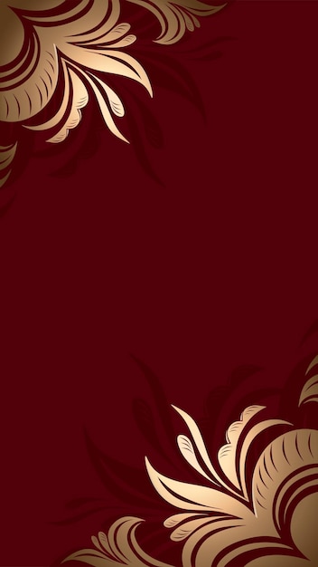 Dark red background with elegant stylized golden flowers in the corners a template for covers