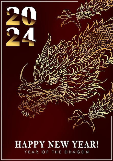 Dark red greeting card with handdrawn Asian dragon as a symbol of 2024 New Year Christmas poster