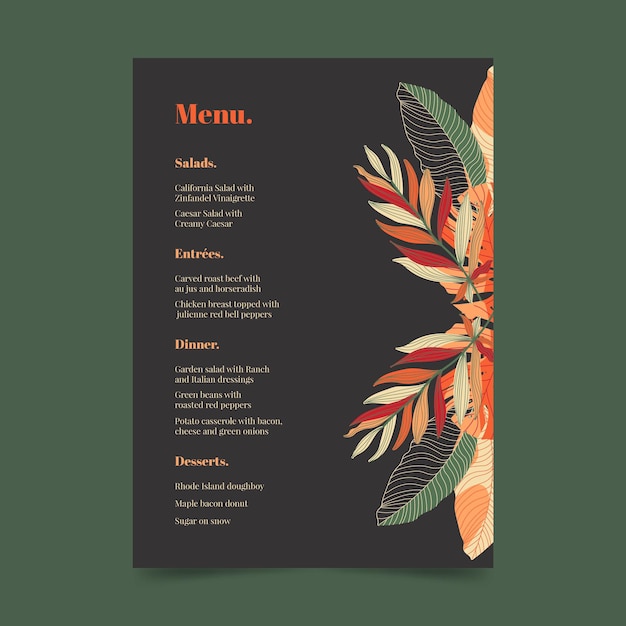 Dark restaurant menu template with floral ornaments