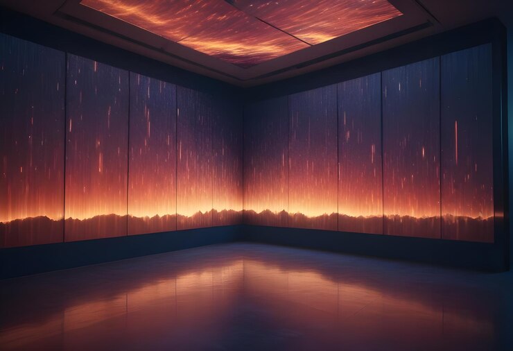 Vector a dark room with a wall covered in vertical lines of light in a red and orange color the lines create a sense of movement and depth the floor is reflective