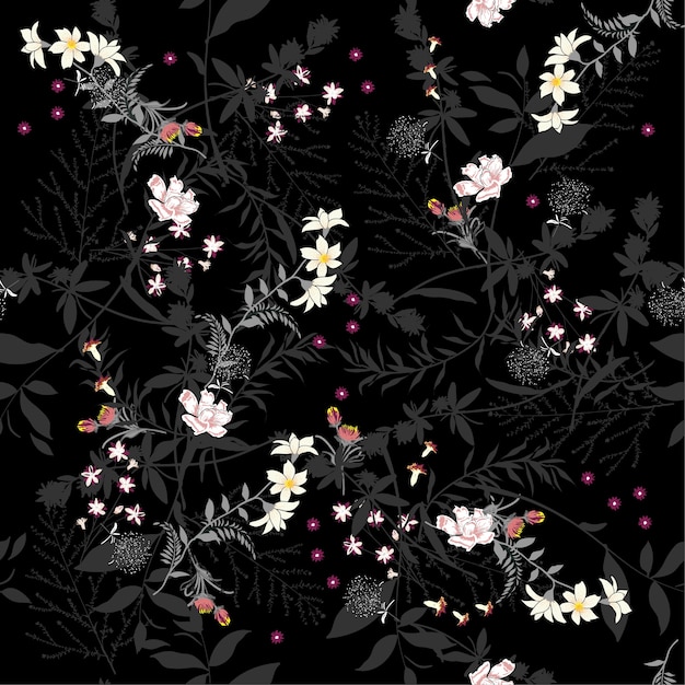 Dark seamless pattern with leaves  botanical flowers vector