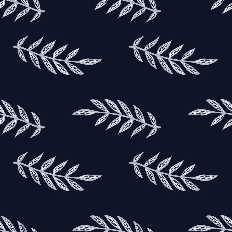 Vector dark seamless pattern with vintage blue outline leaf branches silhouettes.