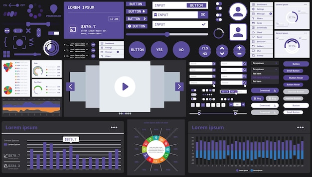 A dark set of interface elements for web and mobile applications with modern icons buttons and graphs ideal for business analytics finance and data management
