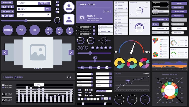 A dark set of interface elements for web and mobile applications with modern icons buttons and graphs ideal for business analytics finance and data management