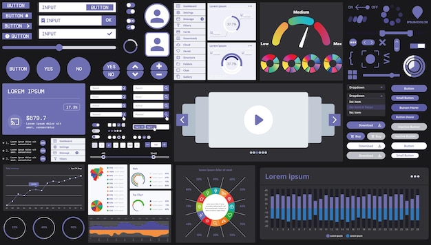 A dark set of interface elements for web and mobile applications with modern icons buttons and graphs ideal for business analytics finance and data management