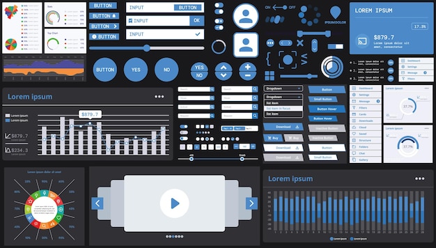 A dark set of interface elements for web and mobile applications with modern icons buttons and graphs ideal for business analytics finance and data management