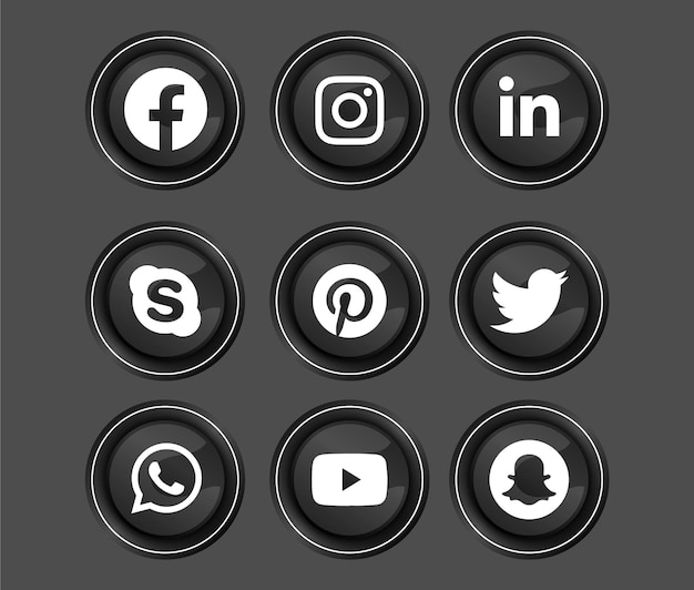 Vector dark shiny themed 3d round shiny silver frame social media icon button