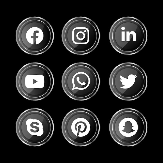 Dark shiny themed 3d round shiny silversocial media icon button