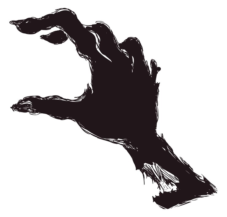 Vector 白い背景に手描きスタイルで獲物を捕まえようとする腐ったゾンビの手の暗いシルエット