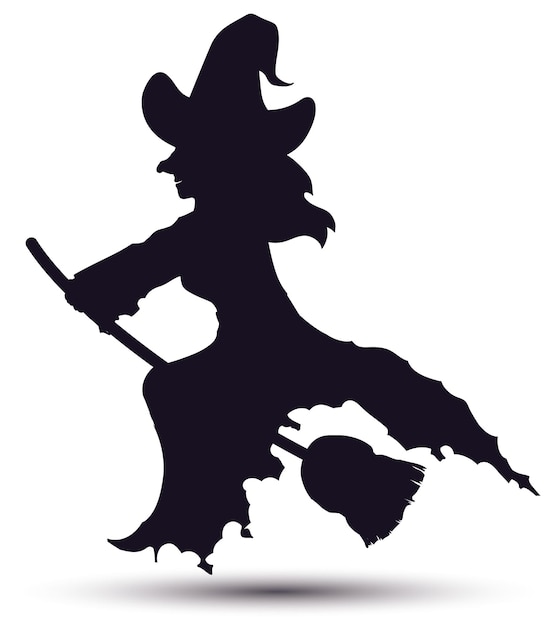 Dark silhouettes of witch with ragged dress riding over her magic broom and floating in the air