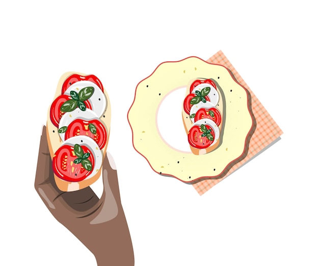 Dark skin hand holding sandwich with mozzarella cheese and tomatoes Bruschetta with