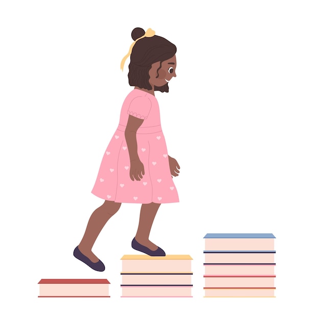 Dark skin little girl going up on stacks of books