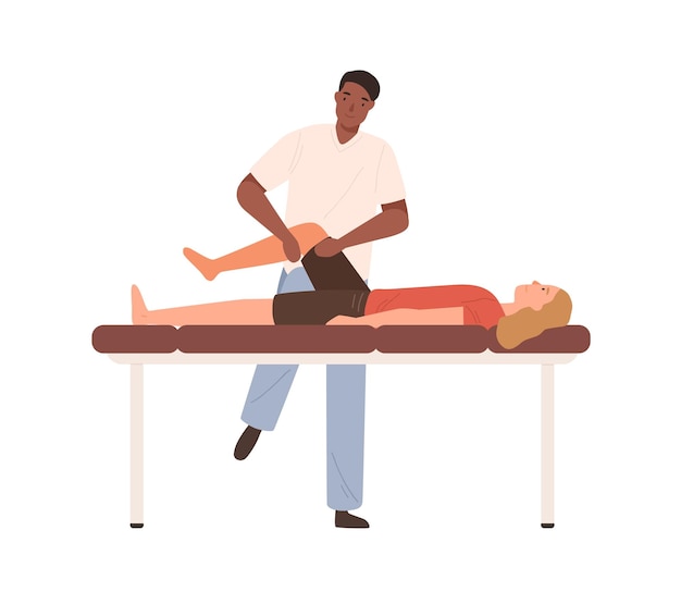 Vector dark skin male chiropractor making rehabilitation massage of legs to female patient vector flat illustration. doctor or osteopath practicing alternative medical treatment work with client isolated.