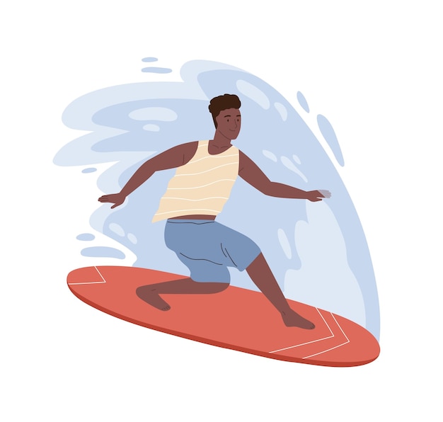 Vector dark skin male surfer standing on surfboard riding at wave vector flat illustration. active guy practicing seasonal extreme sport isolated on white. joyful man enjoying hobby at sea or ocean water.