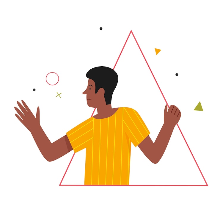 Vector dark skin man holding triangle geometric shape