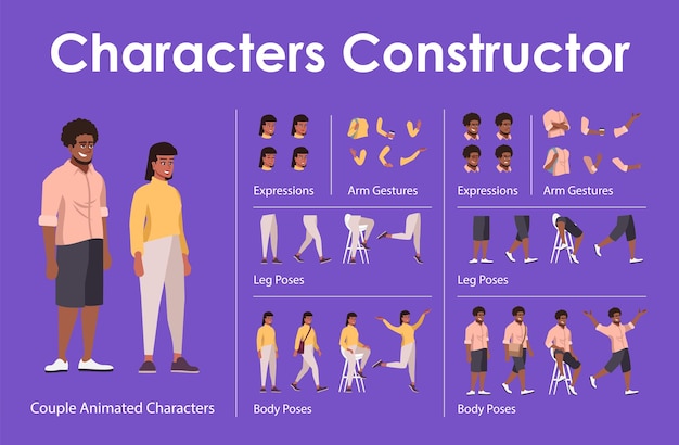 Vector dark skin man, woman front view animated flat vector characters design set. ?haracter animation creation cartoon pack. couple constructor with various face emotion, body poses, hand gestures, legs kit