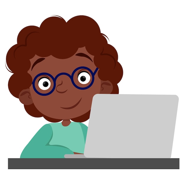 Dark-skinned curly-haired boy with a laptop