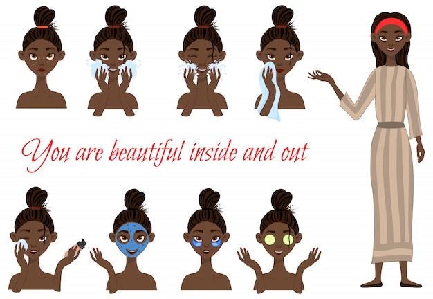 Vector dark-skinned girl before and after cosmetic procedures. cartoon style.