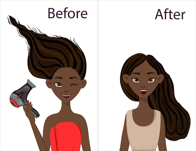 Dark-skinned girl before and after hair styling with a hairdryer. cartoon style.