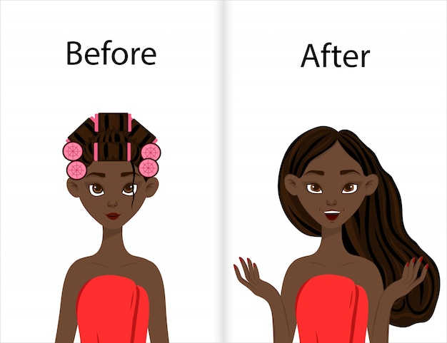 カーラーで髪をスタイリングする前後の浅黒い肌の女の子。漫画のスタイル。図。